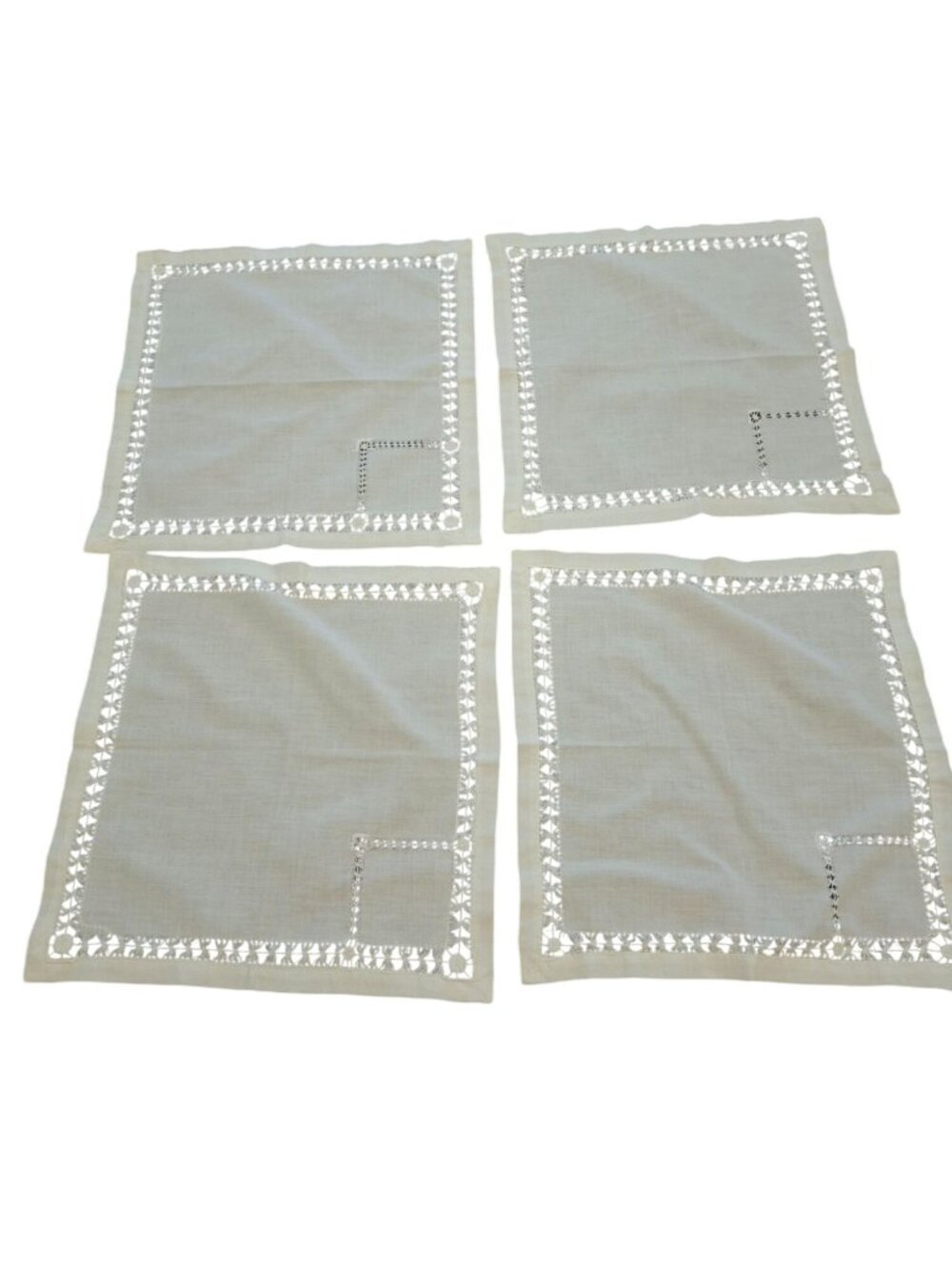 Set 4 Linen Hemstitch Lace Cocktail Napkins Cottagecore French Country Decor